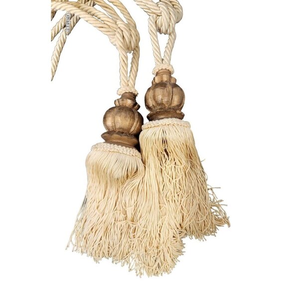 Elegant Beige Curtain Tiebacks With Wooden Crown Bead with Tassel Ends & Rope Lo - Picture 2 of 8